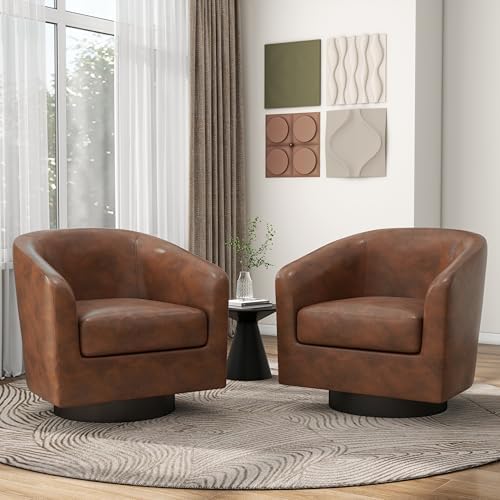 Pia Ricco Set of 4 Faux Leather 360° Swivel Barrel Accent Chair Brown - Image 7