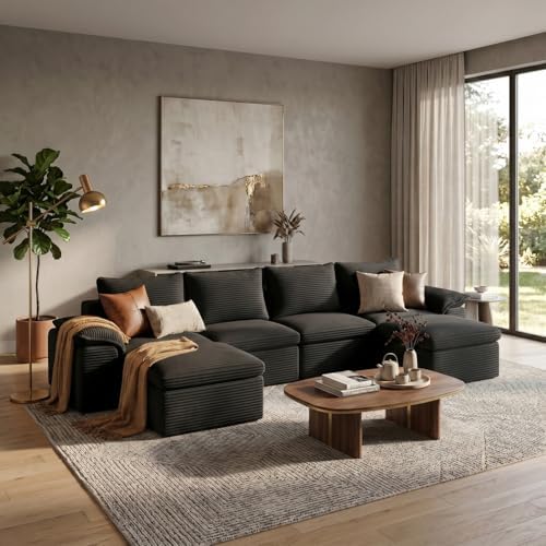 132" Cloud Sectional Couch, U-Shaped Convertible Modular Sofa Black - Image 4
