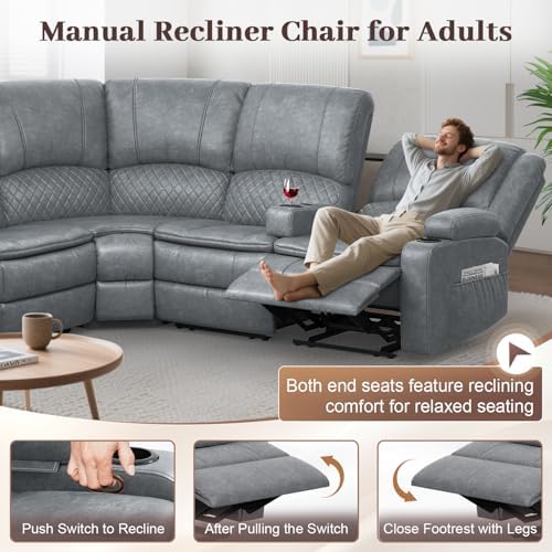 Manual Reclining Sectional Sofa Set, 5 Seats Living Room Couch Set Pu - Image 6