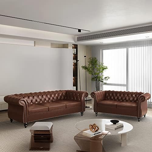 ORRD 2 Piece Living Room Set, Chesterfield Leather Sofa Loveseat Couch - Image 2