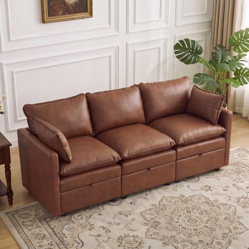80" Brown Faux Leather Storage 3 Seater Sofa, Modular Sectional Cloud Sofa by Abbrevi