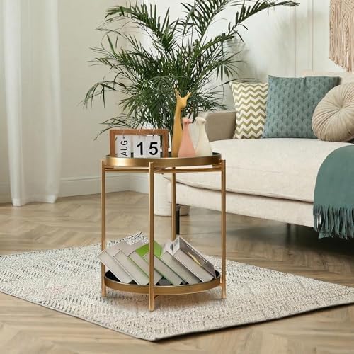 TeoKJ 2 Tier Gold Side Table, Folding Round Metal End Table Small Nightstand - Image 5
