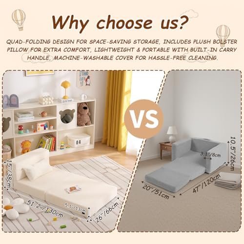 Foldable Sofa for Kids with Pillow, Washable Folding Floor Mat for Child - Image 2