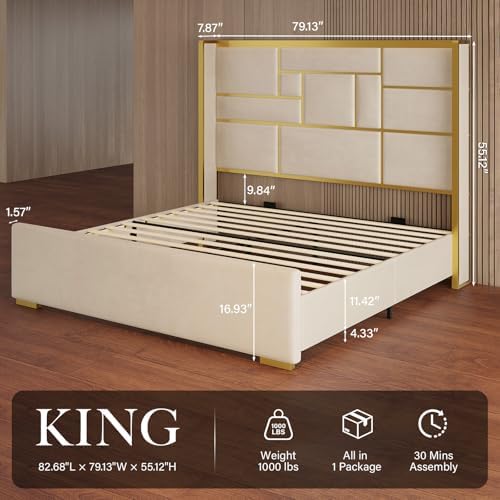 King Bed Frame and Gold Trim Headboard, Upholstered Bed - Image 2