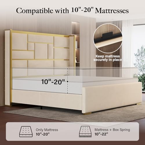 King Bed Frame and Gold Trim Headboard, Upholstered Bed - Image 6