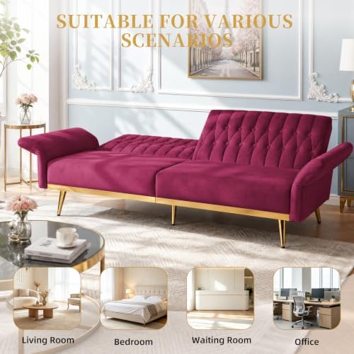 70” Velvet Futon Sofa Bed w/Adjustable Armrests - Image 5