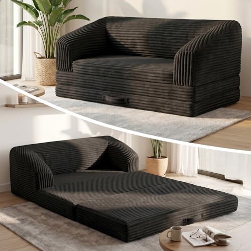 Black Loveseat 51", 2-in-1 Convertible Tri-Folding Sofa Bed by AOLVDOW