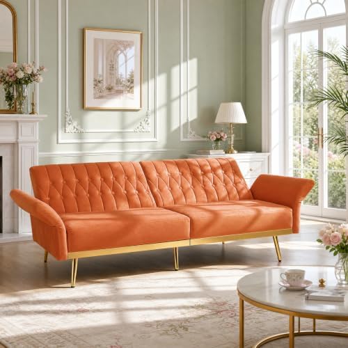 70” Velvet Futon Sofa Bed w/Adjustable Armrests - Image 7