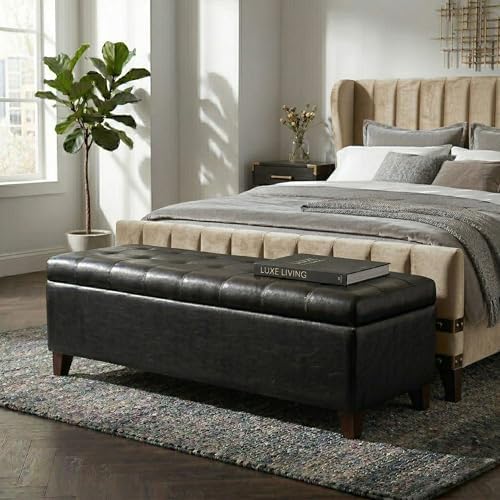 Black Ottoman with Storage Faux Leather Storage Ottoman Bench - Image 3
