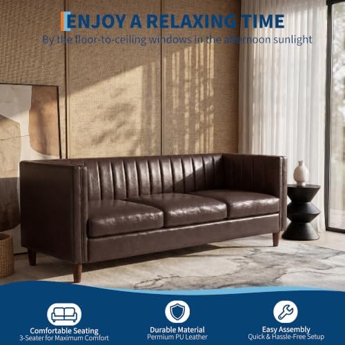 Garvee 81'' Brown Faux Leather Couch - Image 4
