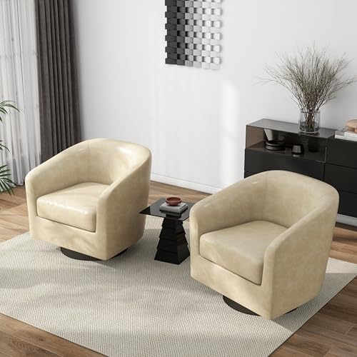 Pia Ricco Faux Leather 360° Swivel Barrel Accent Chair Cream - Image 7