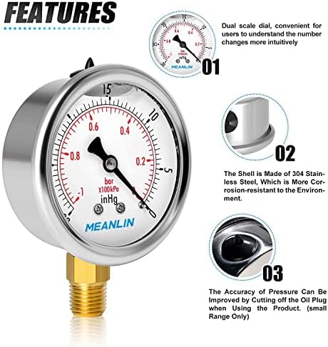 MEANLIN MEASURE -30inHG~0Psi Stainless Steel 1/4" NPT 2.5" FACE DIAL Vacuum - Image 5