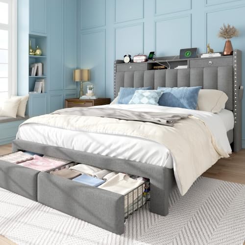 Full Size Bed Frame with 2-Tier Storage Headboard and 4 Drawers, Soft Linen by UnwindinYourOwnSpace