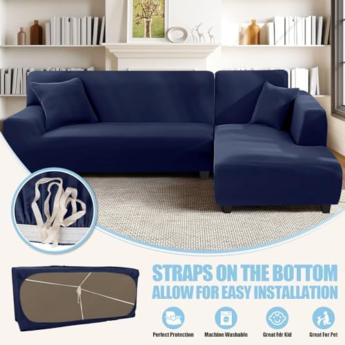 KinCam Sectional Couch Covers Stretch L Shape Sofa Covers, Dark Blue - Image 3