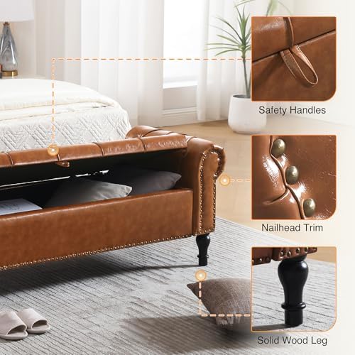 Faux Leather Storage Bench for Bed Room 67 Inch Upholstered Tufted Ottoman Bench - Image 6
