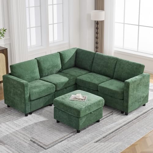81'' V Shaped Modular Sofa, Storage Sectional Living Room Couch, Dark Green by WUTUTUEE