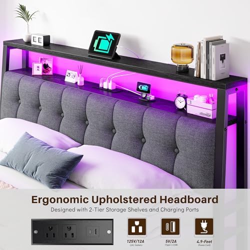 Homkdom King Bed Frame Upholstered Headboard, Charging Station - Image 3