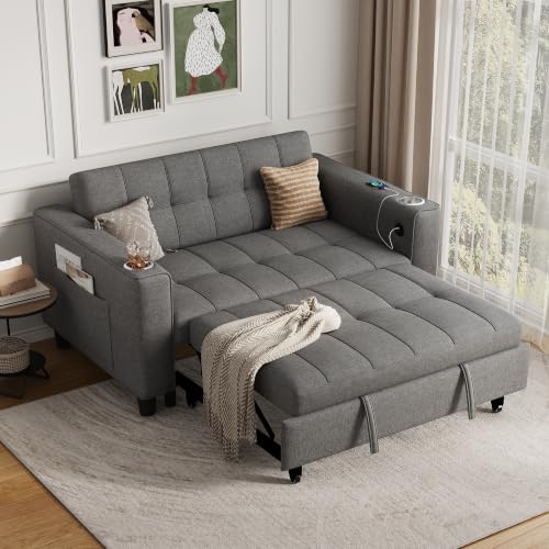 LINSY 54" Pull Out Couch with Charging Station, Linen Sleeper Sofa Bed with Cup - Image 2