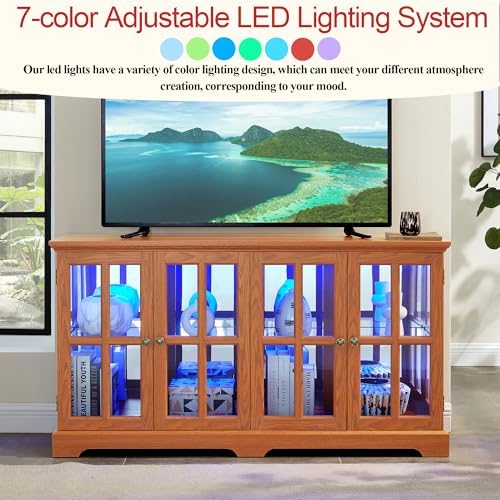 59" Glass Curio Display Storage Cabinet, 4 Doors LED Light Multipurpose - Image 5