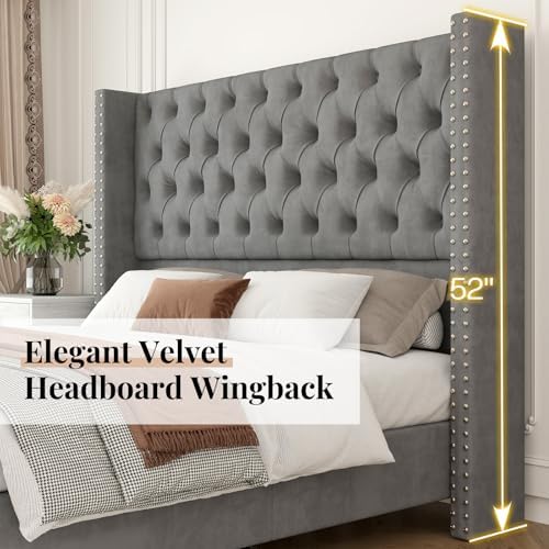 Jocisland Queen Size Bed Frame Velvet Upholstered Platform Bed - Image 4