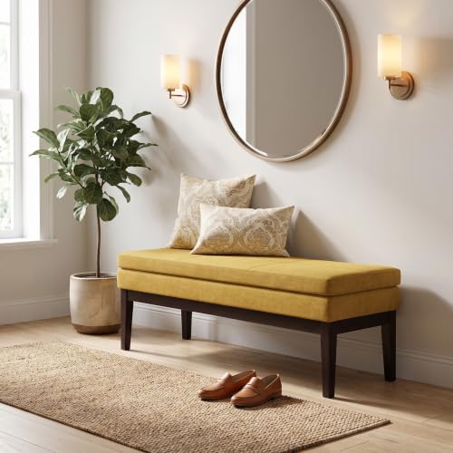 SIMPLIHOME Carlson 45" Wide Vegan Leather Rectangle Ottoman in Marigold - Image 2