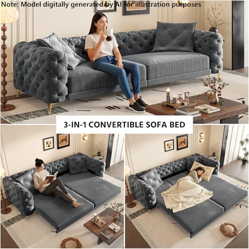 97.7'' Chesterfield Sleeper Sofa King Size, Dark Gray Velvet Pull out Couch - Image 3