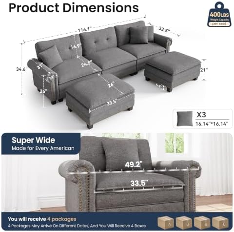 PHI VILLA 116" Oversized Modular Sectional Couch U Shaped - Image 2