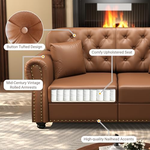 KEIKI 83" Faux Leather Chesterfield Sofa - Image 5
