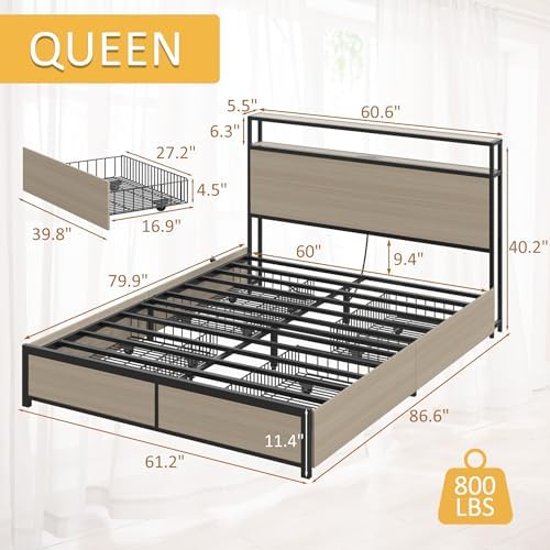 Lifezone Queen Bed Frame with 2-Tier Storage Headboard, Metal Platform Bed - Image 2