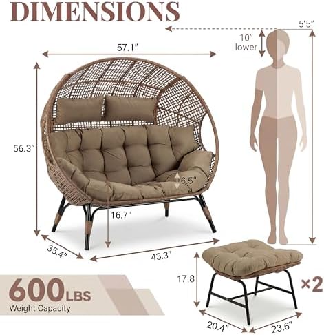 NICESOUL Double Egg Chair with Footstools & Cushions, Oversized Wicker Boho - Image 2