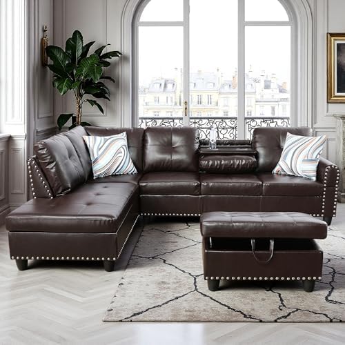 Leather L-Shaped Couch Set, 97.5"L x 69.5"W Sectional Sofas Brown - Image 7