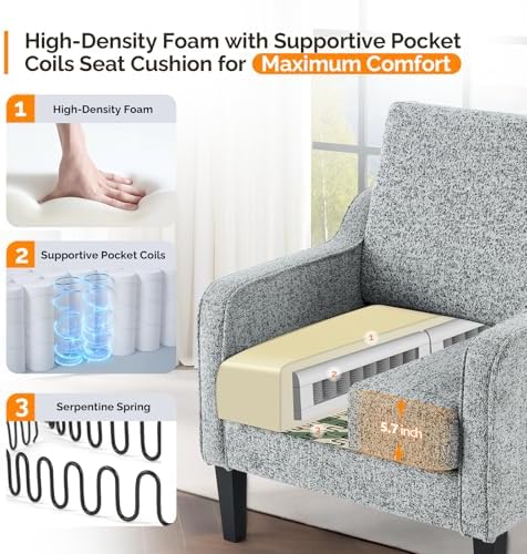 VINGLI Grey Accent Chair, Chenille Upholstered Armchair - Image 4