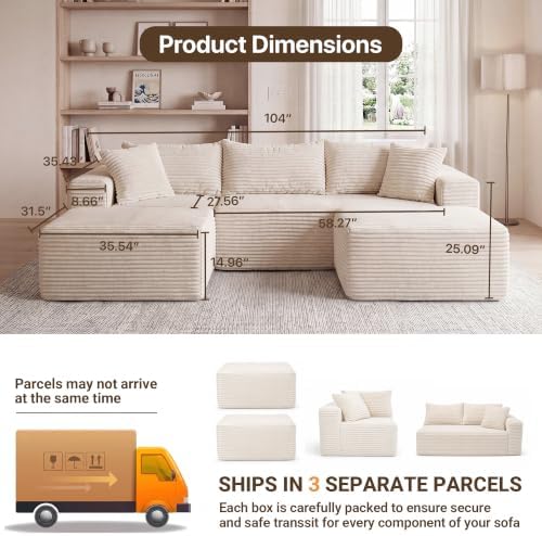 Claiks 104" Boneless Couch, U-Shape Corduroy Sectional Sofa - Image 2