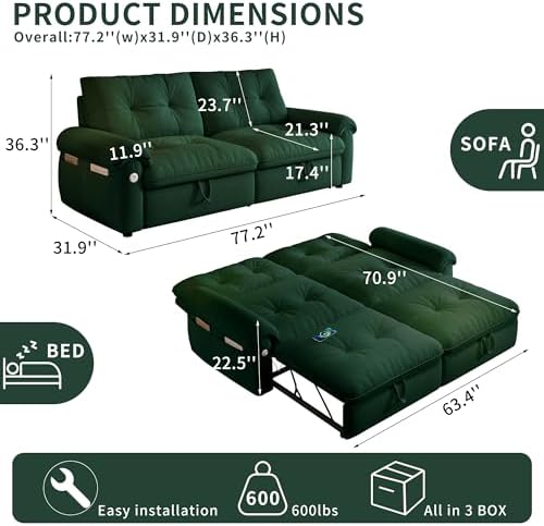 77" Queen Size Sofa Bed, Loveseat Sleeper Sofa - Image 3