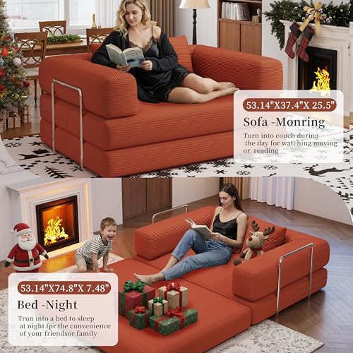 Convertible Futon Sofa Bed, 2 Seater Corduroy Floor Queen Size Bed Foldable - Image 4