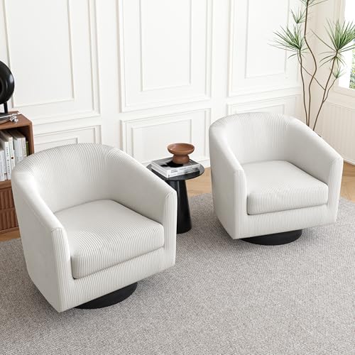 Pia Ricco Set of 2 Corduroy 360° Swivel Barrel Accent Chair Beige - Image 6