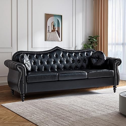 AVZEAR 82" Three Seater Leather Sofa, Chesterfield Sofa, Mid-Century Modern PU - Image 3
