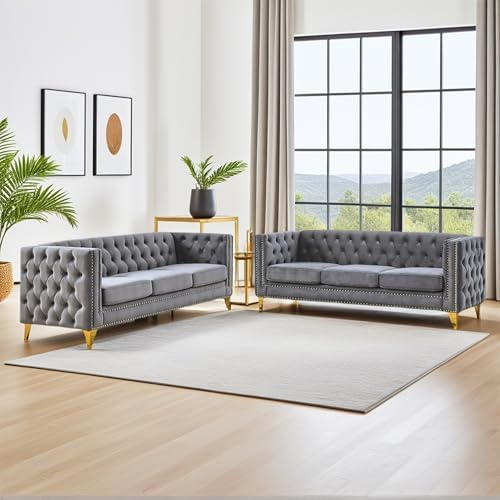 80.5" 2 Piece 3-Seater Velvet Chesterfield Sofa by Unknown