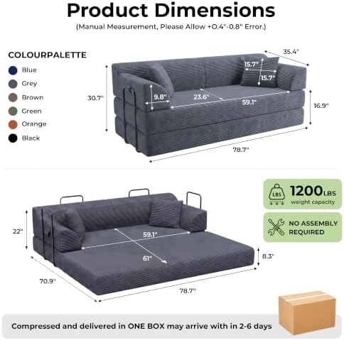 79'' Convertible Futon Sofa Bed, High‑Back Boneless Couches - Image 2