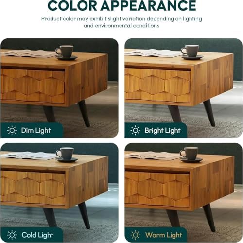 Bme Georgina Solid Wood Coffee Table, 2 Drawers & Open Shelves, Teak Brown - Image 6