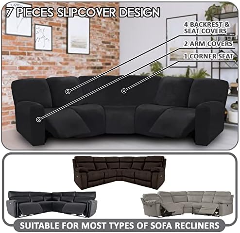 ULTICOR 7-Piece L Shape Sectional Recliner Sofa Covers, Velvet Stretch - Image 2