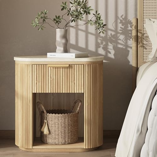 Fluted Marble Nightstand w/ drawers 23.6"Large Round Bedside Table Oak by MECHYIN