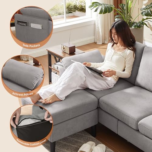 Convertible Sectional Sofa, Linen Upholstered 3 Seat Sofa - Image 3