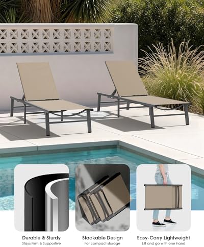 Ciokea Foldable Outdoor Lounge Chair Set of 2, No Assembly Aluminum Chaise - Image 4