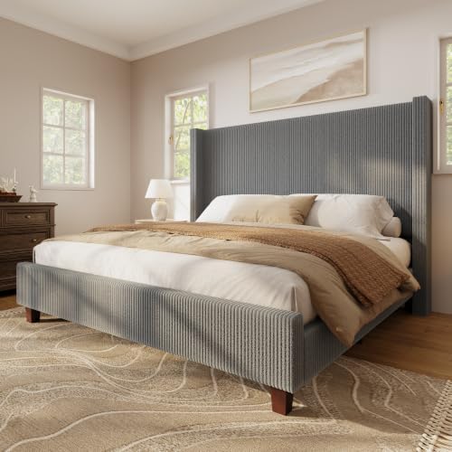 HOWE King Size Bed Frame with 50.8 Inch Corduroy Wingback Headboard by HOWE