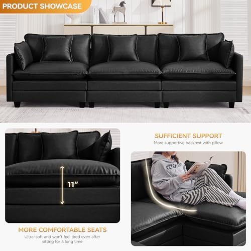 111'' Sectional Cloud Deep Seat Couch, Modern Comfy Leather Modular Sectional - Image 3
