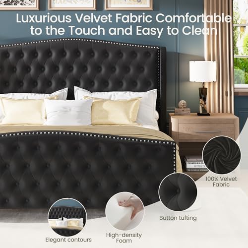 LARMACE California King Size Bed Frame Velvet Upholstered Platform Bed - Image 5