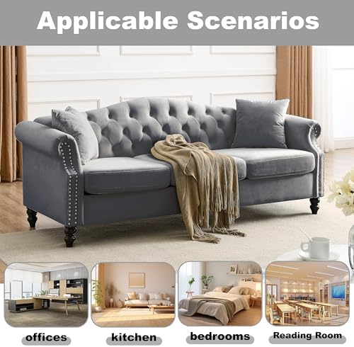 2 Piece Modern Grey Velvet 79" 3-Seater Sofa Sets, Chesterfield Button Tufted - Image 7
