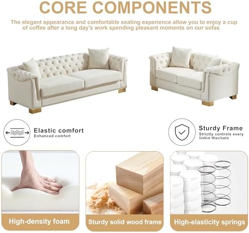 2 Pieces Chesterfield 84" 3-Seater + 62" Loveseat Beige Velvet Sofa Sets - Image 3