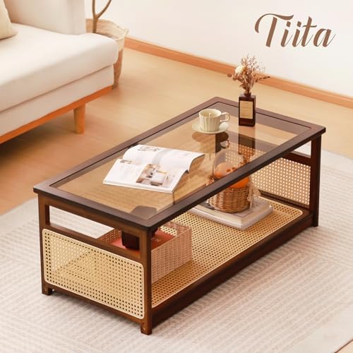 Tiita Bamboo Coffee Table, Glass Top, Rattan Storage, 2-Tier Storage - Image 5